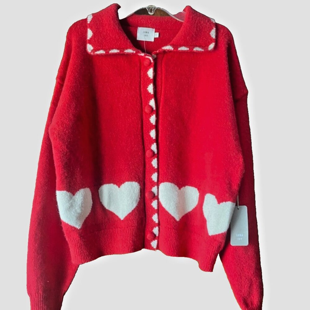 Luna Ivy Women's NWT Heart Valentines Day Red Cardigan